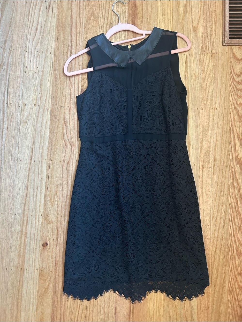 Ali Ro Black Lace Mini Dress with Faux Leather Collar